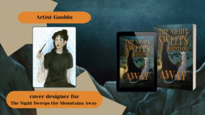 Banner image for Q & A with Guoldu. Title reads: Artist Guoldu, cover designer for The Night Sweeps the Mountains Away. On the left is a self-portrait of Guoldu, and on the right is an illustration of the book cover on both a tablet e-reader and a paperback.