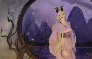 painting of my OC walking into a warmly lit courtyard through a small cloud of fireflies. Behind her purple mountains and a calm lake