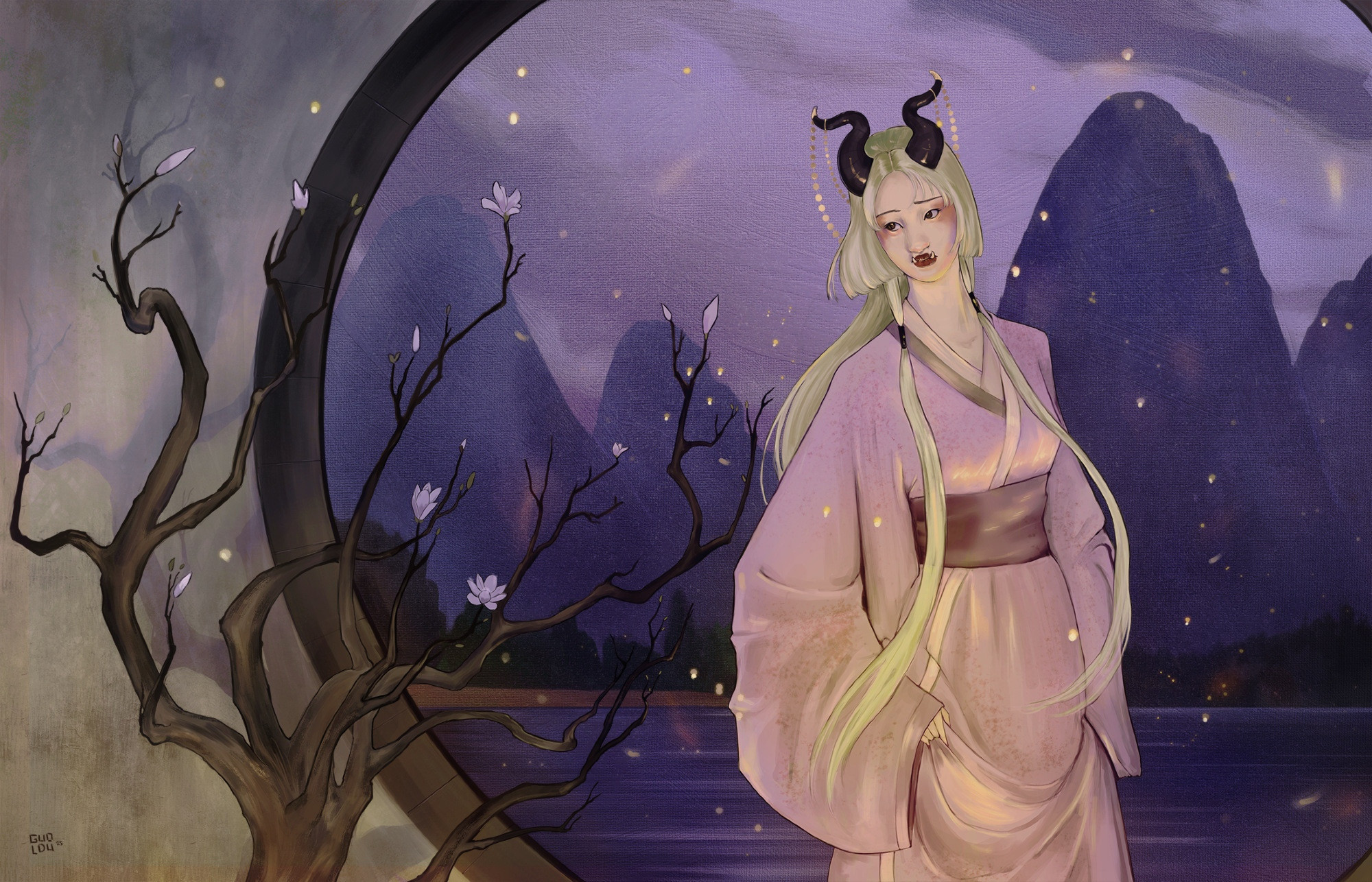 painting of my OC walking into a warmly lit courtyard through a small cloud of fireflies. Behind her purple mountains and a calm lake