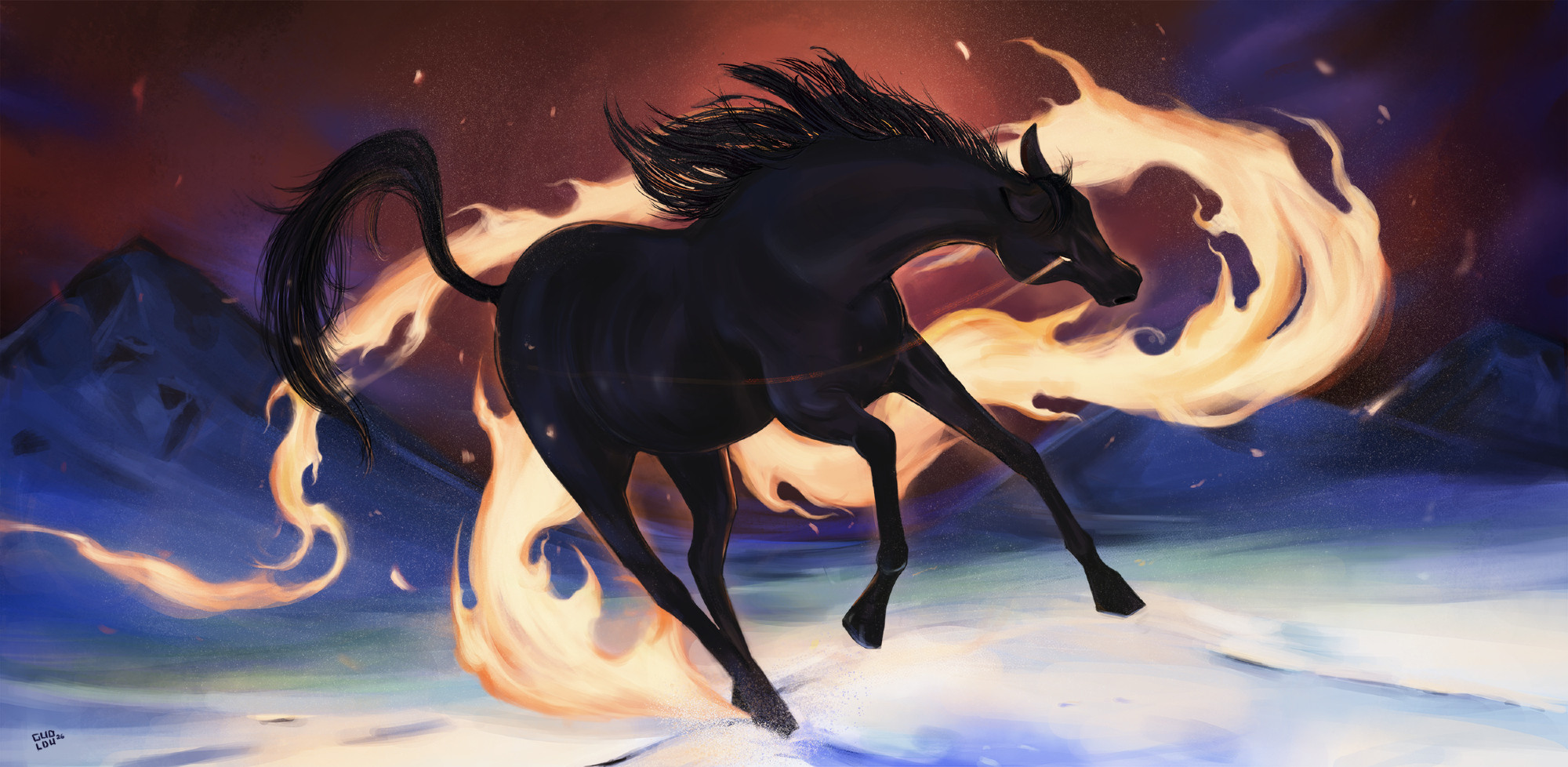 painting of a black horse jumping towards the viewer through a snow covered plain with a trail of dragon-like flames behind it. from its eye a streak of light as it swings its head. off in the rear distance, cold blue mountains