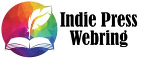Indie Press Webring logo image is of a book with a quill in front of a circle with all the colors of the rainbow.